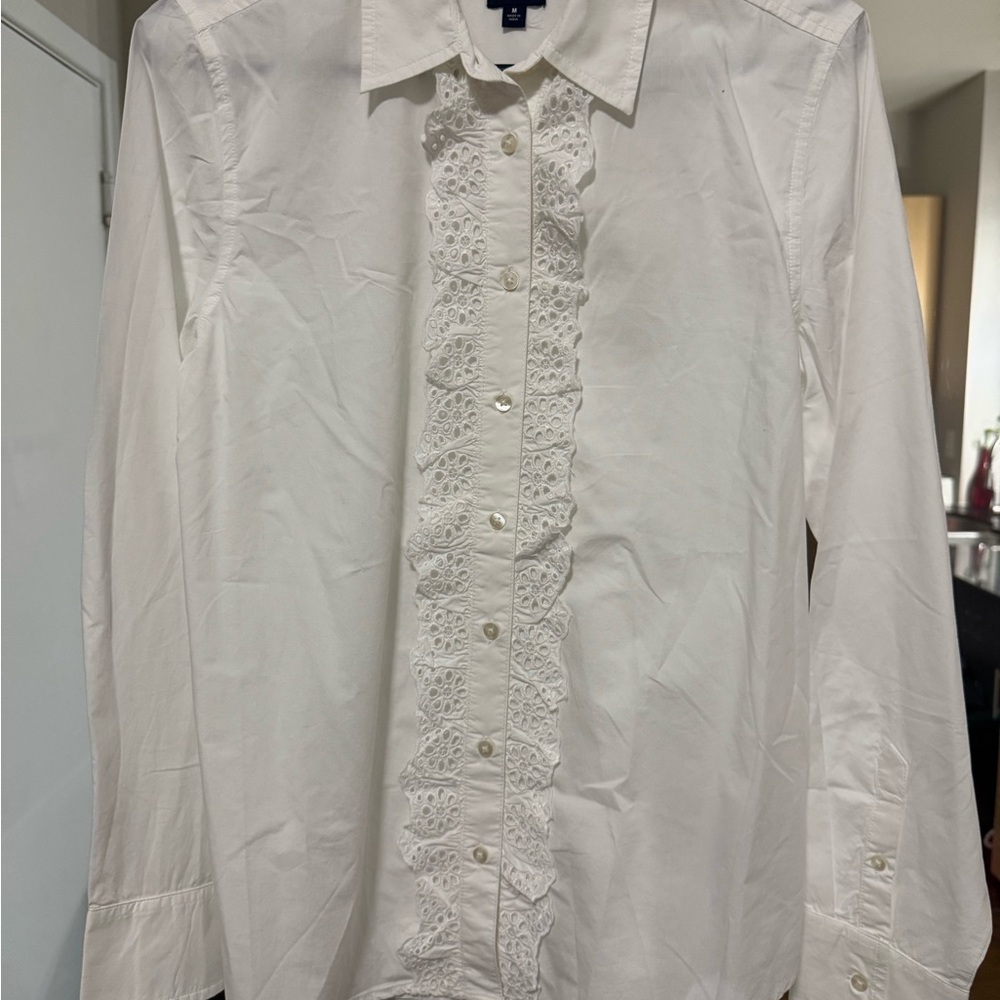 GAP White Dress Shirt with Ruffled Eyelet Front